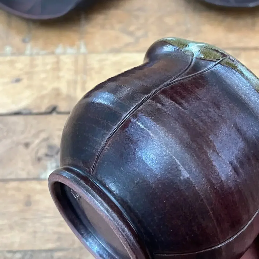 Japanese Pottery Ceramic Tea Cup & Plates 3 Piece Dark Brown Glaze Lotus Leaf